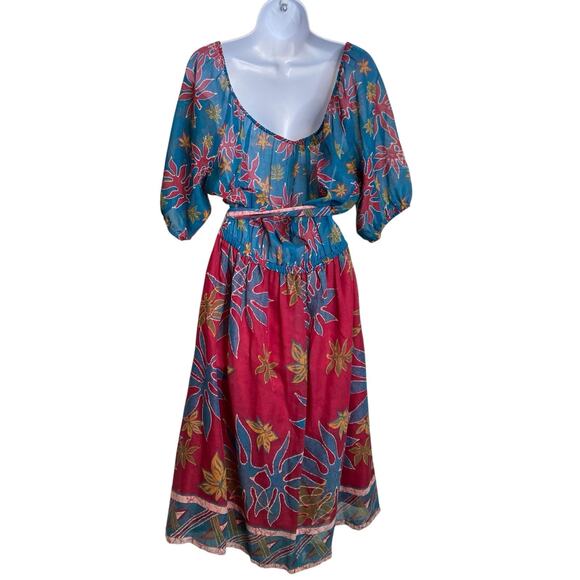 Vintage Albert Capraro Blue Floral Peasant Maxi Dress Size 12 Dark Tropical Boho - Picture 2 of 10